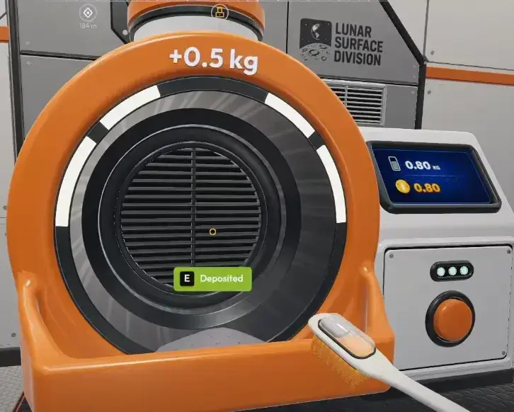 Depot intake ring showing +0.5 kg Deposited, with the side screen reading 0.80 kg and a 0.80 payout