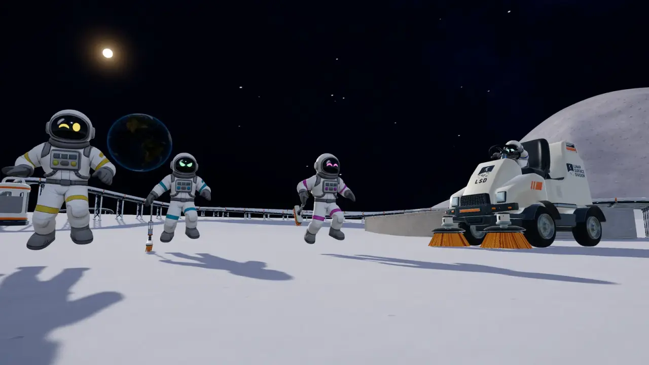 Three astronauts with brushes next to a ride-on sweeper on the lunar surface