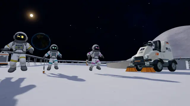Three astronauts with brushes next to a ride-on sweeper on the lunar surface