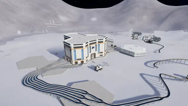 Aerial view of a lunar base with buildings on grey foundation pads and looping conveyor belts