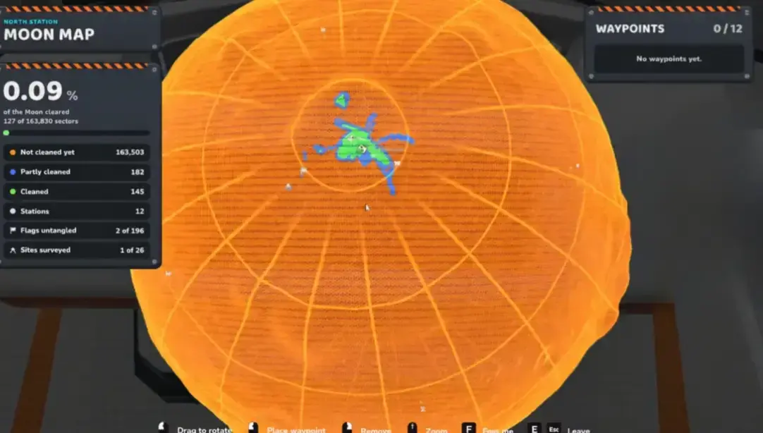 Moon Map at the station showing cleared percentage, sector counts, Flags untangled 2 of 196 and Sites surveyed 1 of 26