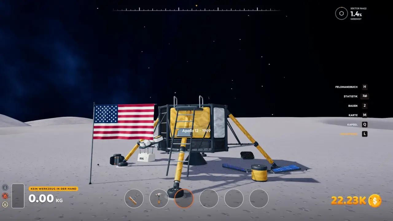 Apollo 12 1969 landing site with the lunar module, US flag and scattered equipment on the Moon