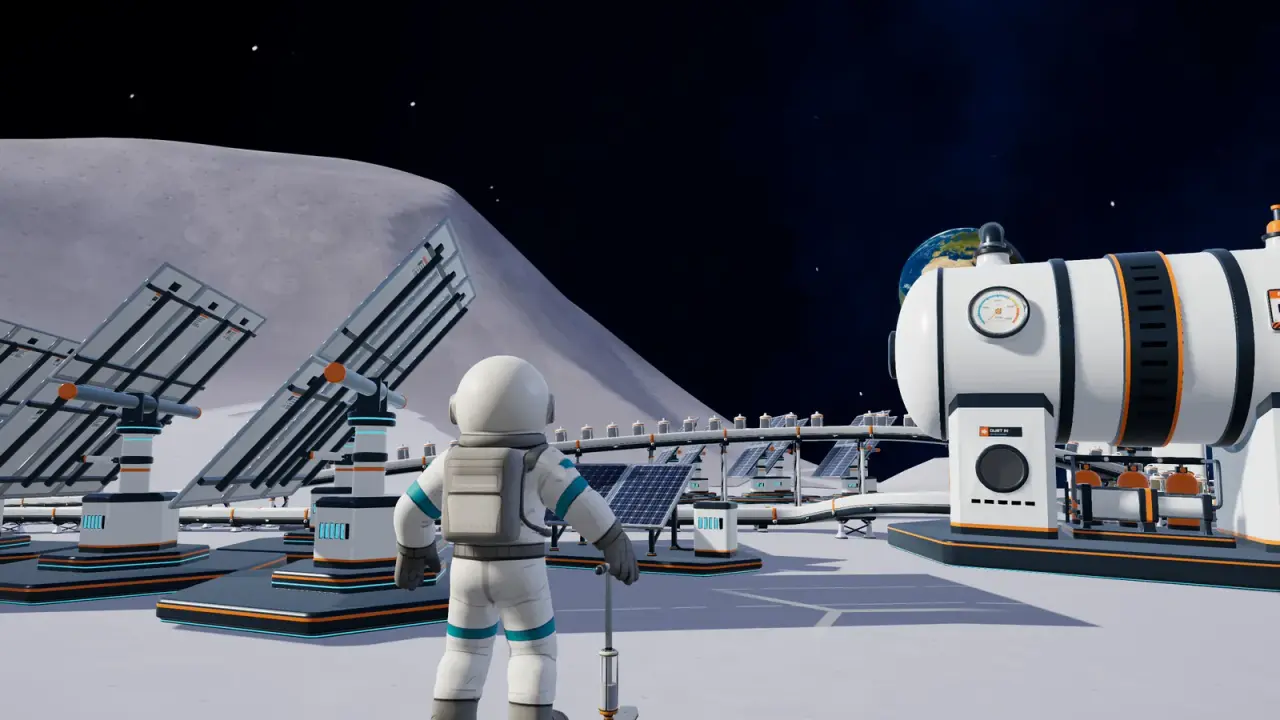 Astronaut standing among tracking solar panels beside a Pressure Chamber and a capsule conveyor line
