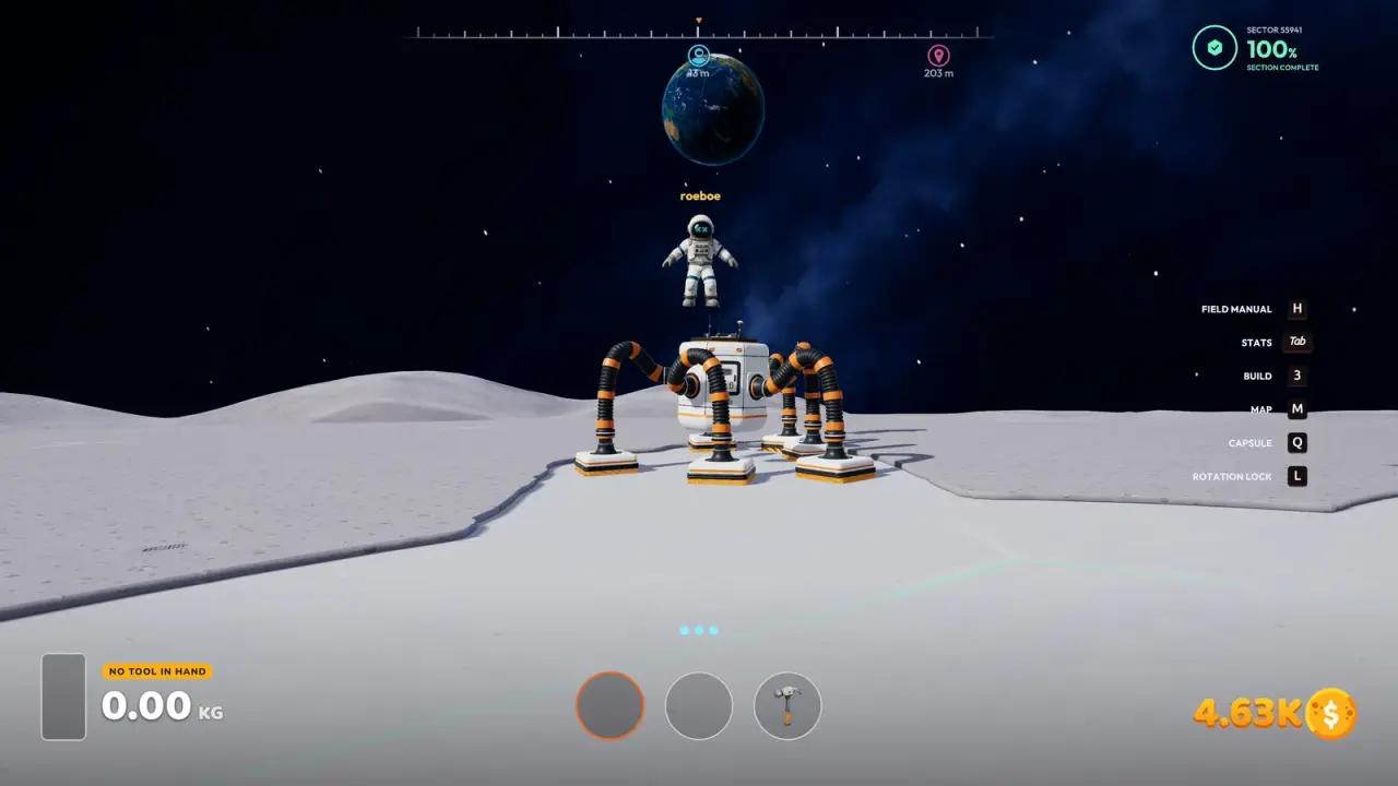 A J.O.O.N.A.S robot standing on its six orange arms on a cleaned hex of lunar ground, with the sector counter at 100%