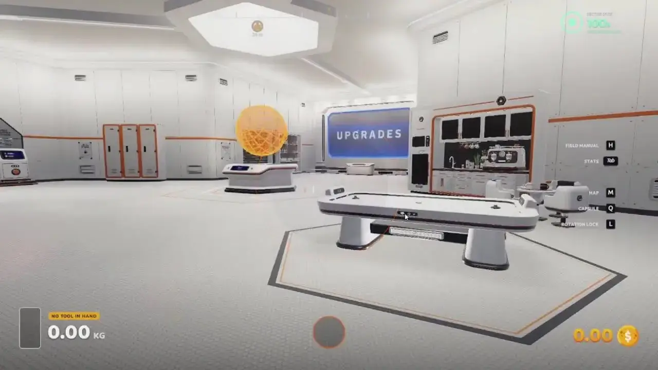 Station interior with the Upgrades screen on the back wall beside an orange holographic Moon globe