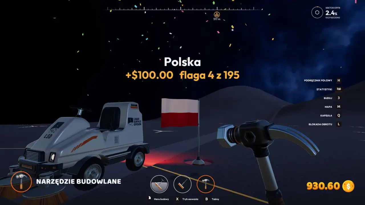 Ride-on cleaning vehicle parked beside a just-collected flag, with a +$100 reward and flag counter popup