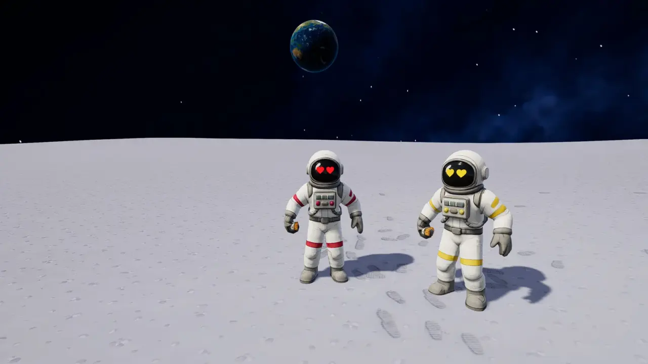 Two astronaut crewmates with red and yellow suit trim standing side by side on the Moon, Earth in the sky