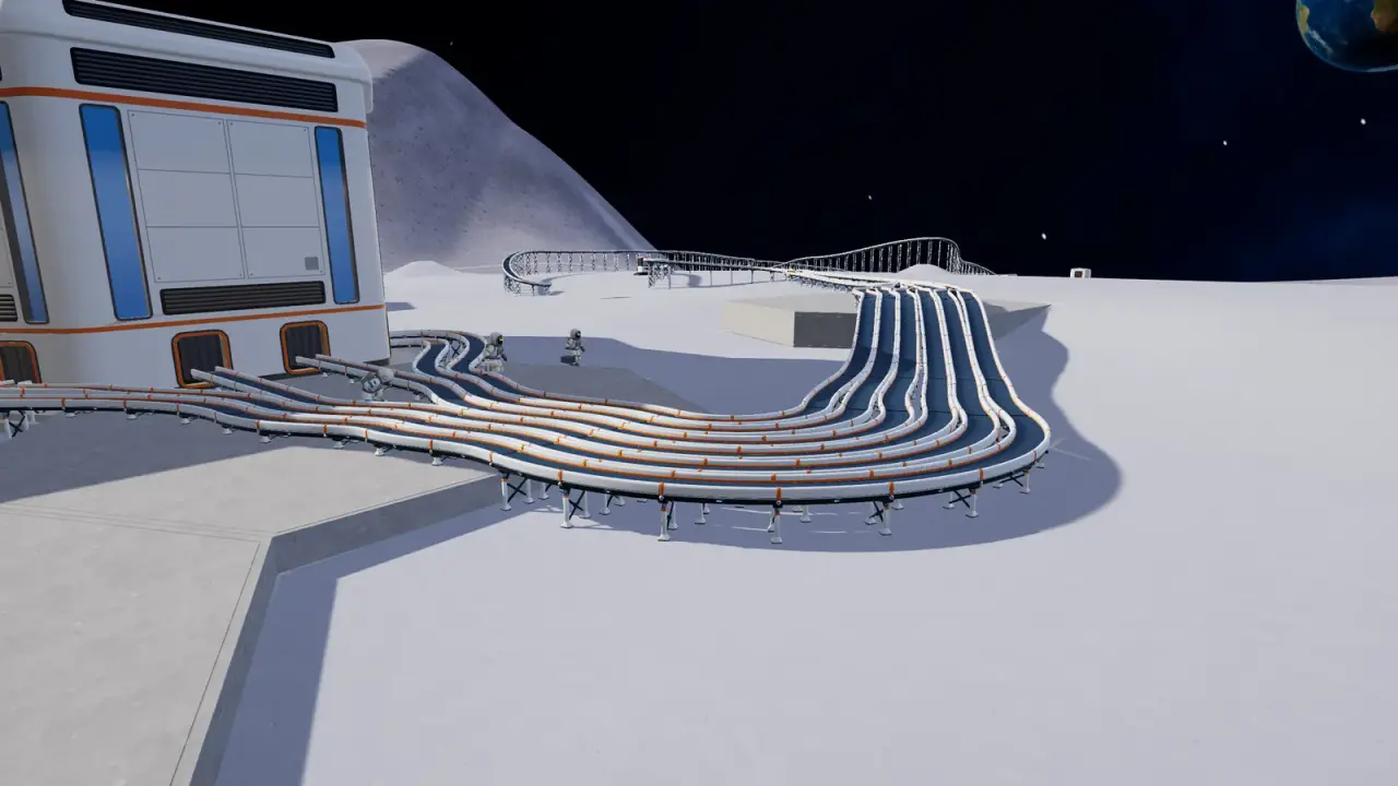 Several raised conveyor belts curving into the low orange-framed openings along the base of the station wall