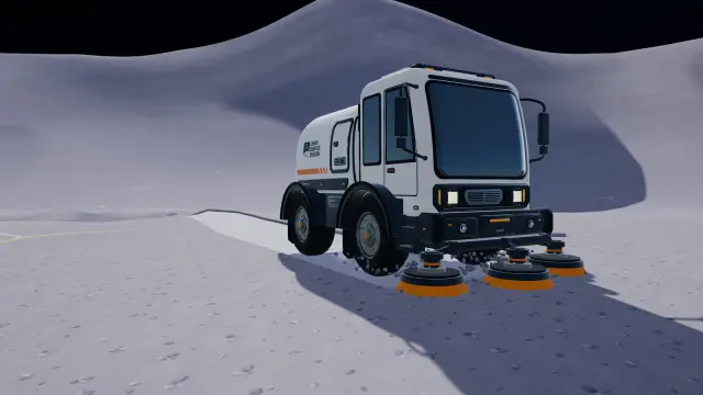 Large white sweeper truck with rotating orange brushes cleaning the lunar surface