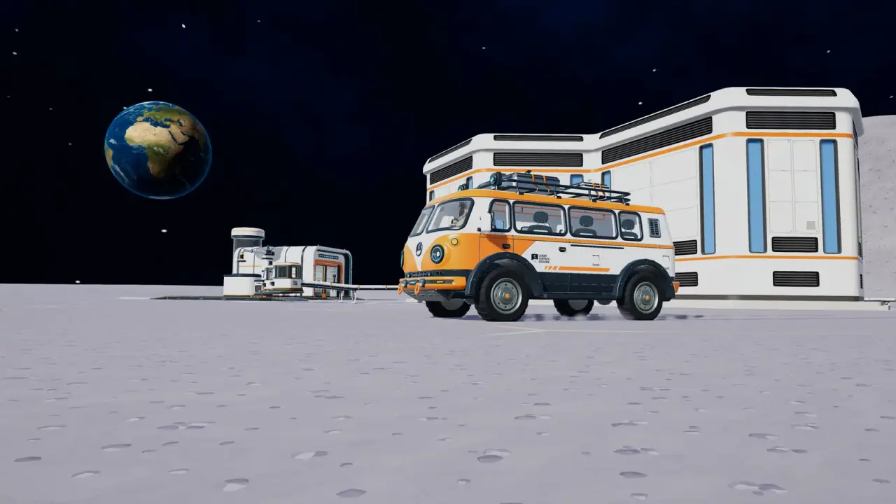 Orange-and-white van parked in front of a large white base building on the Moon
