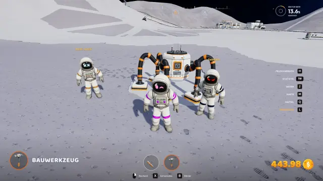 A J.O.O.N.A.S robot with orange jointed arms standing on lunar dust next to three astronauts